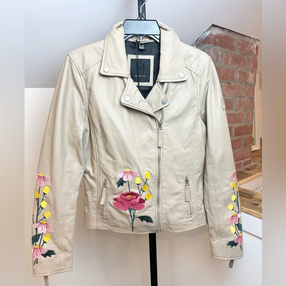Mauritius Peonie Embroidered Leather Moto Jacket Size 9/10 - Picture 5 of 11